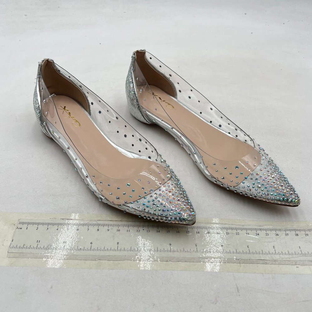 XYD Silver Sequins Rhinestones Studded Rivets Hidden Heels Slip On Ballet Flats - Picture 4 of 8